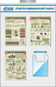 Стенд СИЗ, 3 плаката А3, 1 объемный карман А4 (800х1200; Пластик ПВХ 4 мм; Алюминиевый профиль)